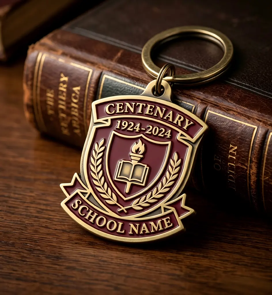 Custom school centenary alumni reunion crest soft enamel keychain in antique brass Custom school centenary alumni reunion crest soft enamel keychain in antique brass
