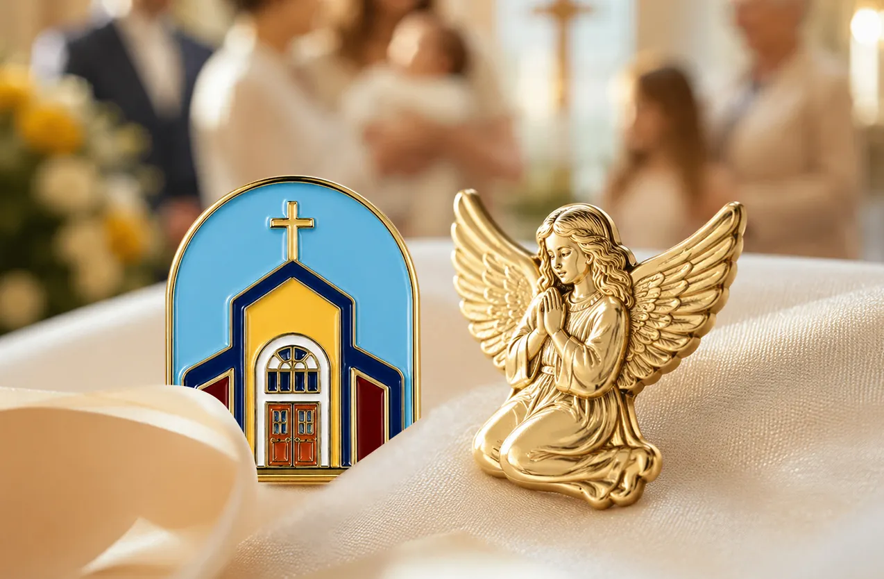 Custom Church & Gold Angel Christian Lapel Pins