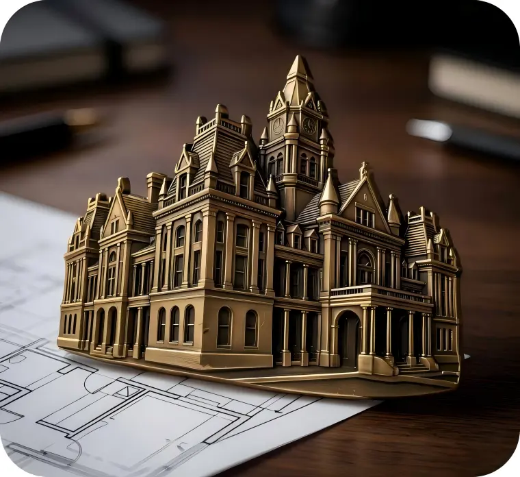 Custom 3D Architectural Building Pin - Die Cast Metal 3d cast pin showing architectural landmark building with multi level relief