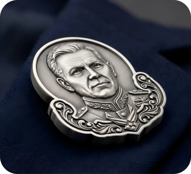 Custom 3D Portrait & Military Award Pin - Antique Silver 3d lapel pin featuring sculpted portrait and military insignia details