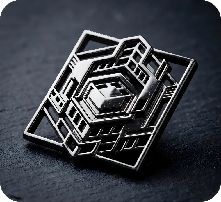 Custom 3D Logo Pin with Geometric Cut-out Design die cast pins with intricate geometric cut outs and black nickel finish