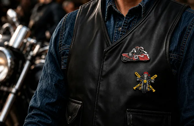 Biker Pins Displayed on a Leather Vest Biker Pins Displayed on a Leather Vest