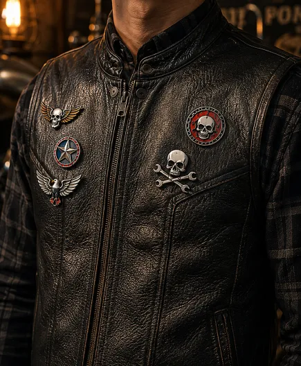Biker Pins Worn on a Traditional Motorcycle Vest Biker Pins Worn on a Traditional Motorcycle Vest