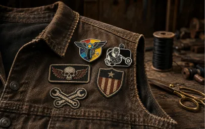 Biker Pins and Patches Styled on a Rider Vest Biker Pins and Patches Styled on a Rider Vest