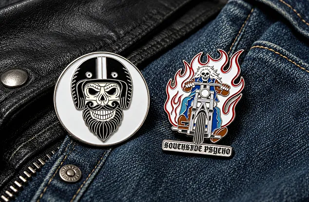 Custom Biker Pins on a Motorcycle Vest Custom Biker Pins on a Motorcycle Vest