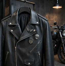 Biker Pins Worn on a Black Motorcycle Jacket Biker Pins Worn on a Black Motorcycle Jacket