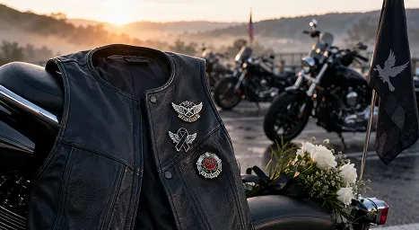 Biker Pins Worn During a Memorial Motorcycle Ride Biker Pins Worn During a Memorial Motorcycle Ride