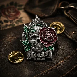 Rose and Skull Biker Pin With Vintage Motorcycle Styling Rose and Skull Biker Pin With Vintage Motorcycle Styling