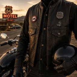 Biker Pins Displayed on a Route 66 Riding Vest Biker Pins Displayed on a Route 66 Riding Vest