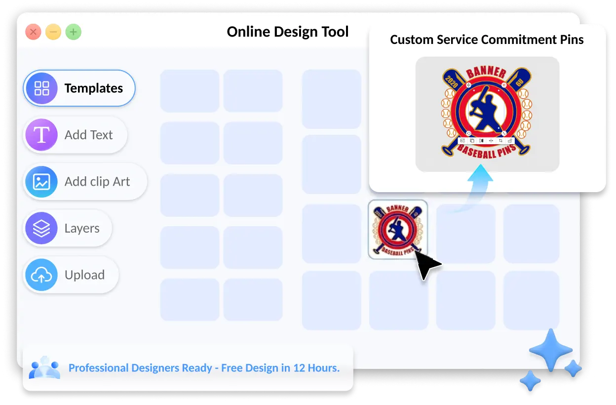 Online design tool for creating custom pins with ready-made templates