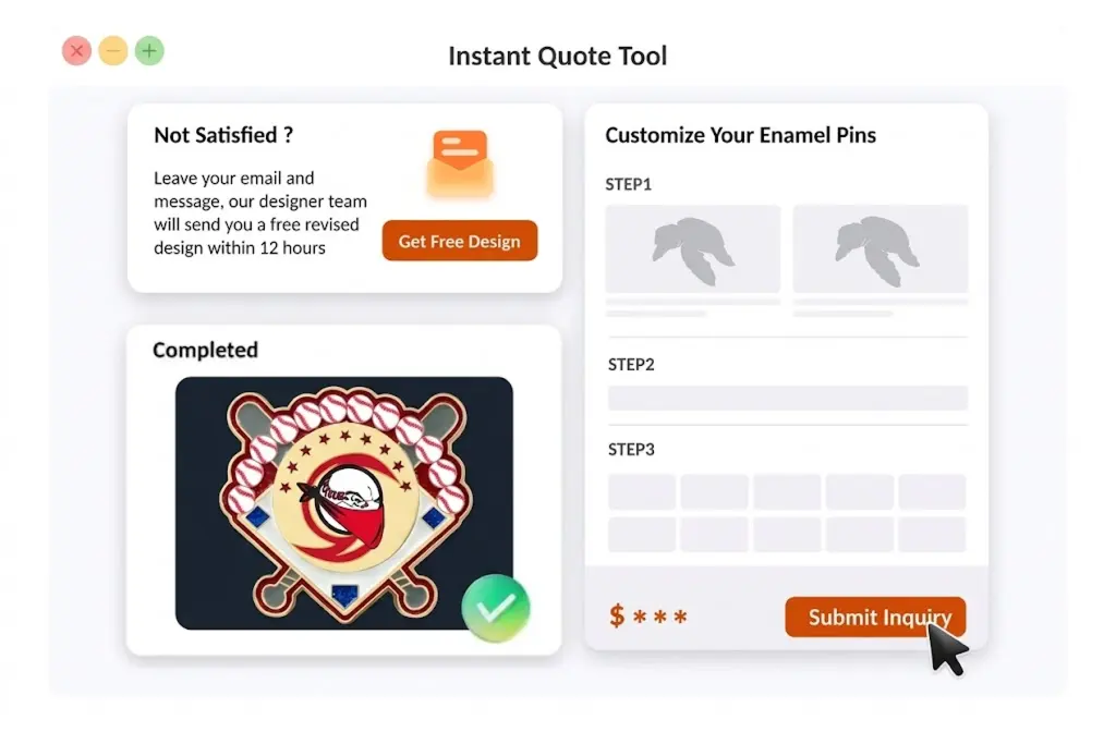 Custom pins created with professional design support and online quote tool