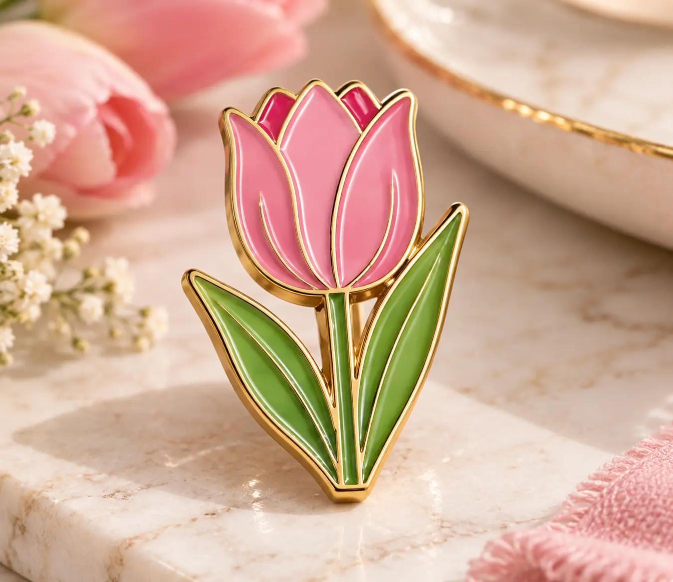 Elegant Pink Tulip Enamel Pins With a Soft Blooming Design Elegant Pink Tulip Enamel Pins With a Soft Blooming Design