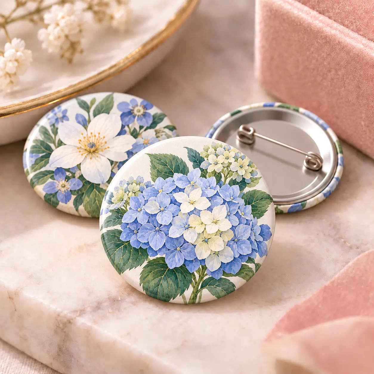 Button Flower Pins With Printed Floral Designs Button Flower Pins With Printed Floral Designs