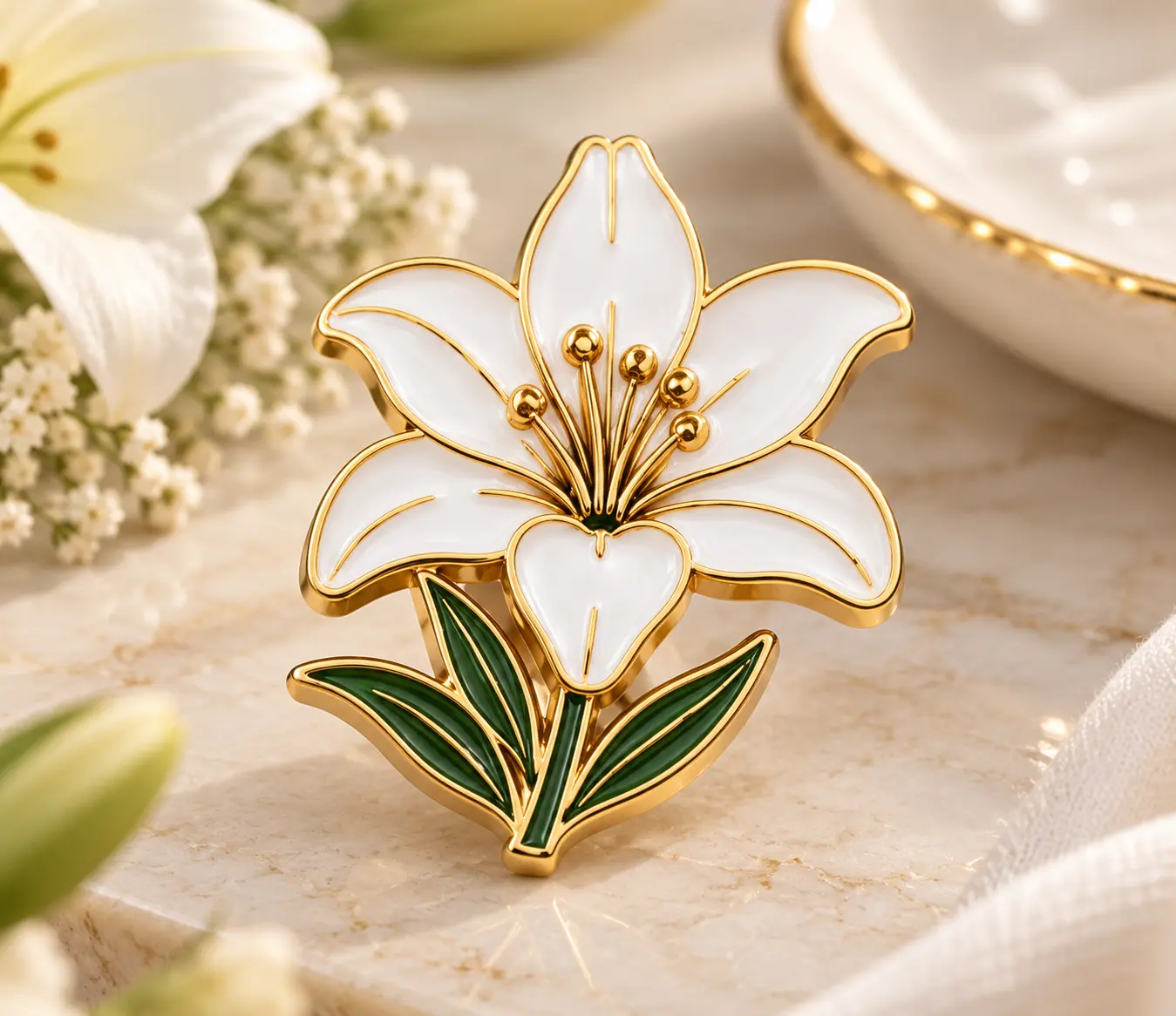 White Lily Enamel Pins With Delicate Stamen Details White Lily Enamel Pins With Delicate Stamen Details