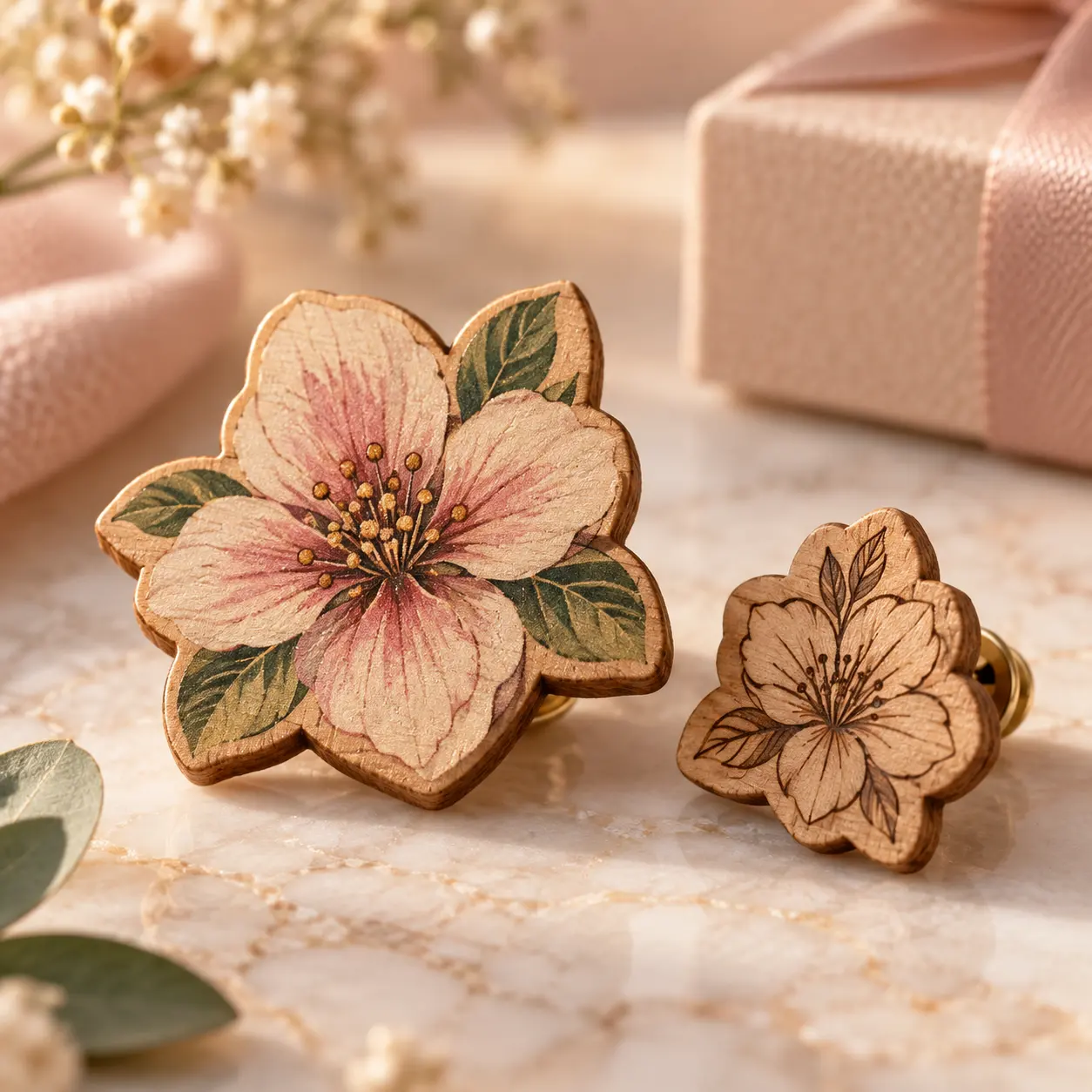 Wooden Flower Pins With Natural Floral Designs Wooden Flower Pins With Natural Floral Designs