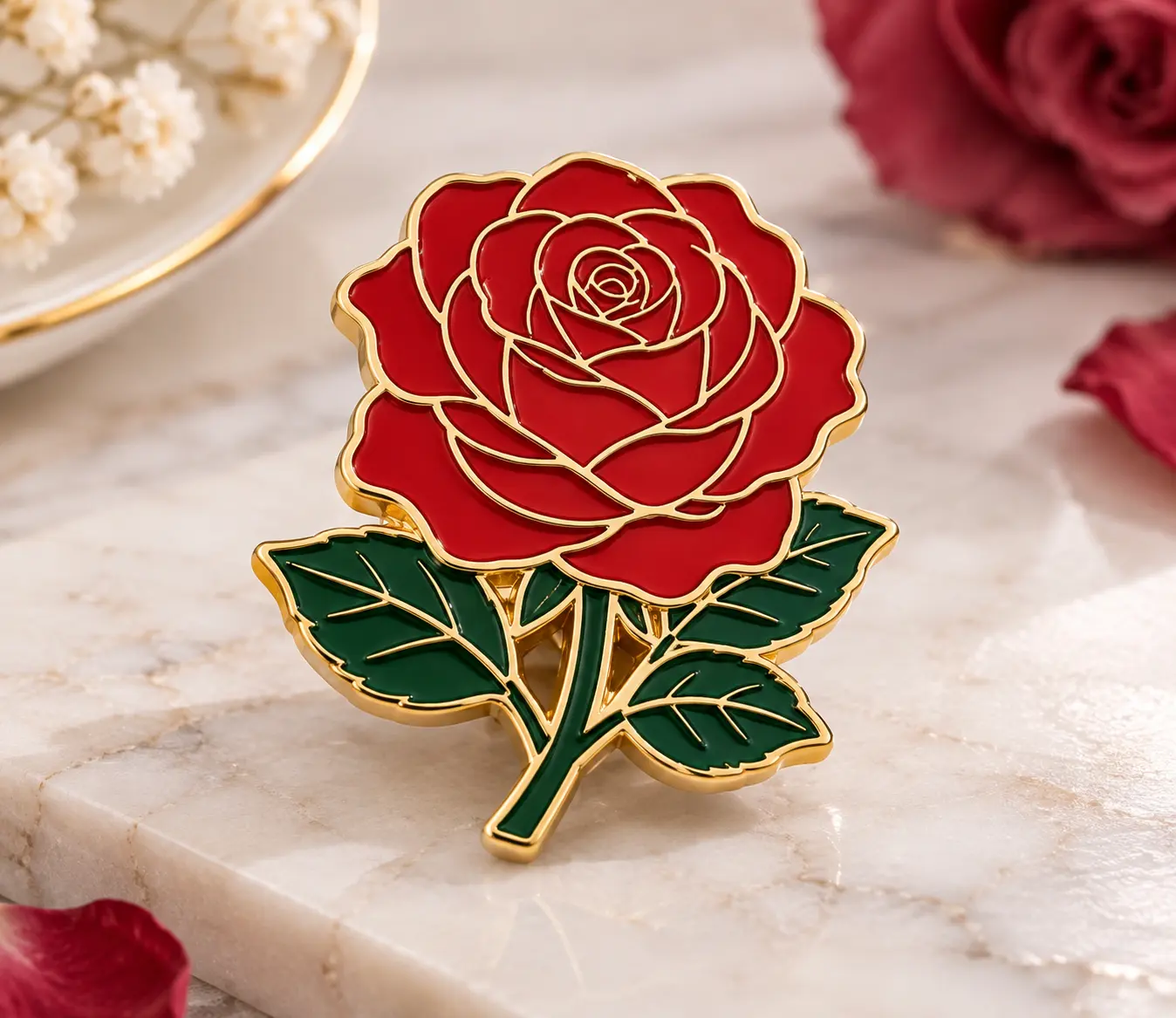 Red Rose Enamel Pins With Detailed Petals and Green Leaves Red Rose Enamel Pins With Detailed Petals and Green Leaves