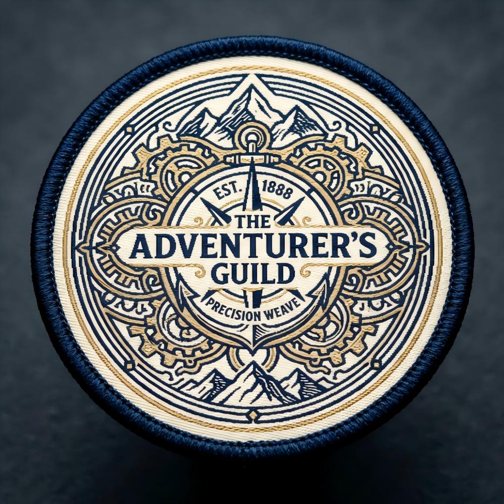 Detailed custom woven badges with small lettering and merrowed border