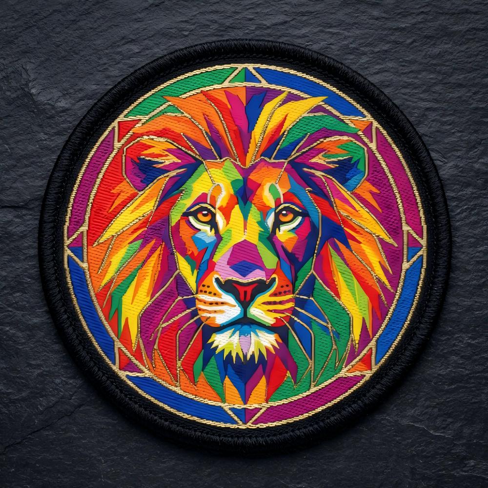 Personalized woven patches with vibrant lion mascot design