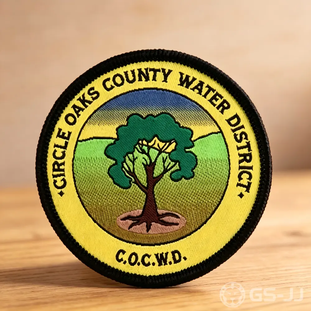 Round custom woven patch with merrowed edge featuring tree design and small letterin Round custom woven patch with merrowed edge featuring tree design and small letterin