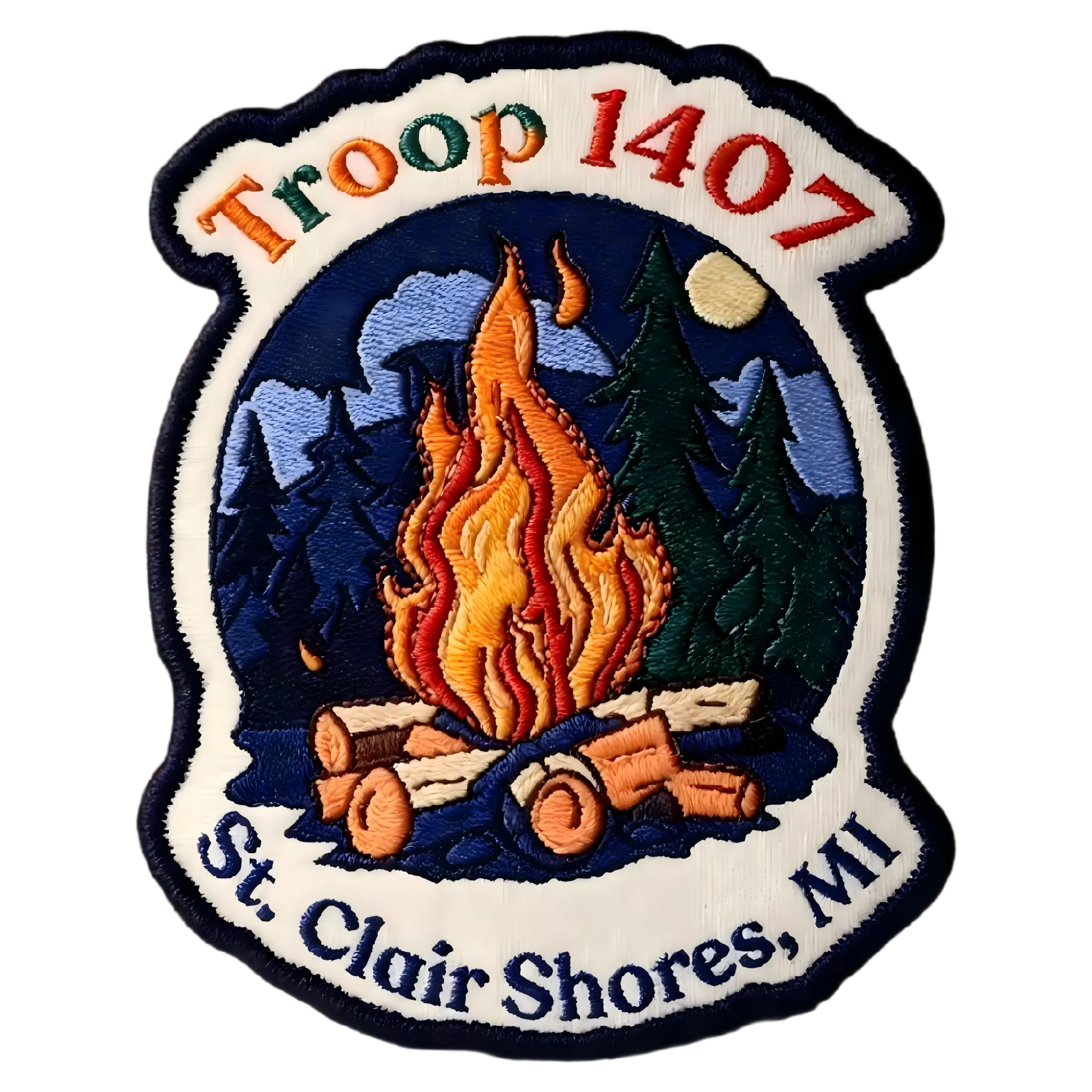 Embroidered patch showing raised 3D thread texture and merrowed edge