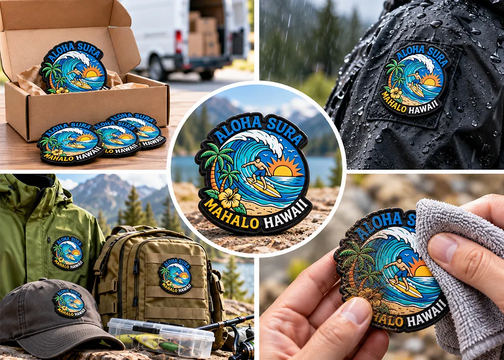 custom PVC patches no minimum Custom PVC patch featuring a teddy bear in tactical gear, shown alongside its original design sketch