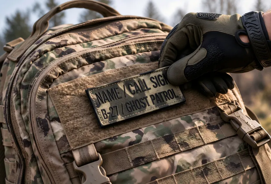 Tactical call sign morale patch on multicam backpack