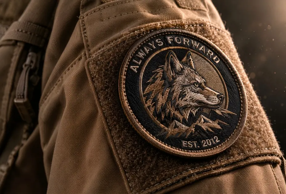 Custom embroidered wolf morale patch on tactical jacket