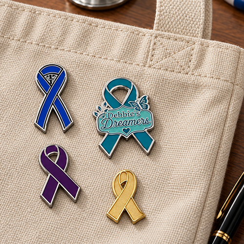 Awareness ribbon nursing pins including Debbie's Dreamers teal ribbon pin