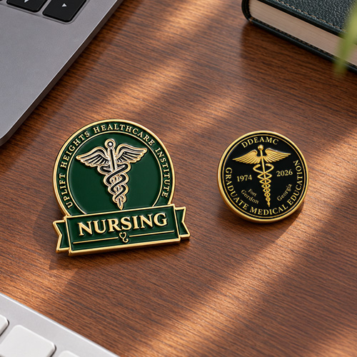Custom nursing pins featuring Uplift Heights Healthcare Institute and DDEAMC Graduate Medical Education design
