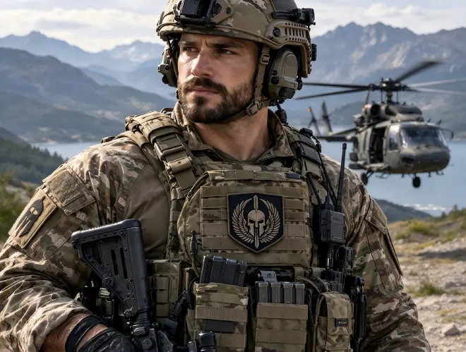 Military morale patch on multicam plate carrier vest
