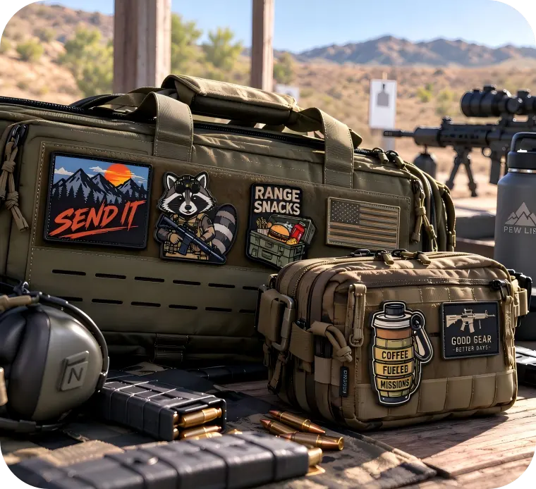 Assorted custom 3D PVC morale patches on military range bags