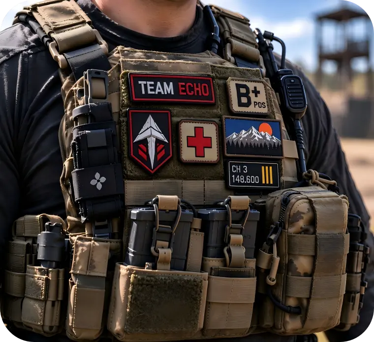 Custom morale patches on olive drab tactical plate carrier vest