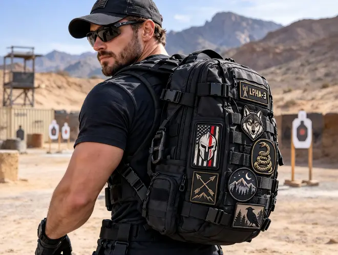 Custom PVC patches on black assault tactical backpack