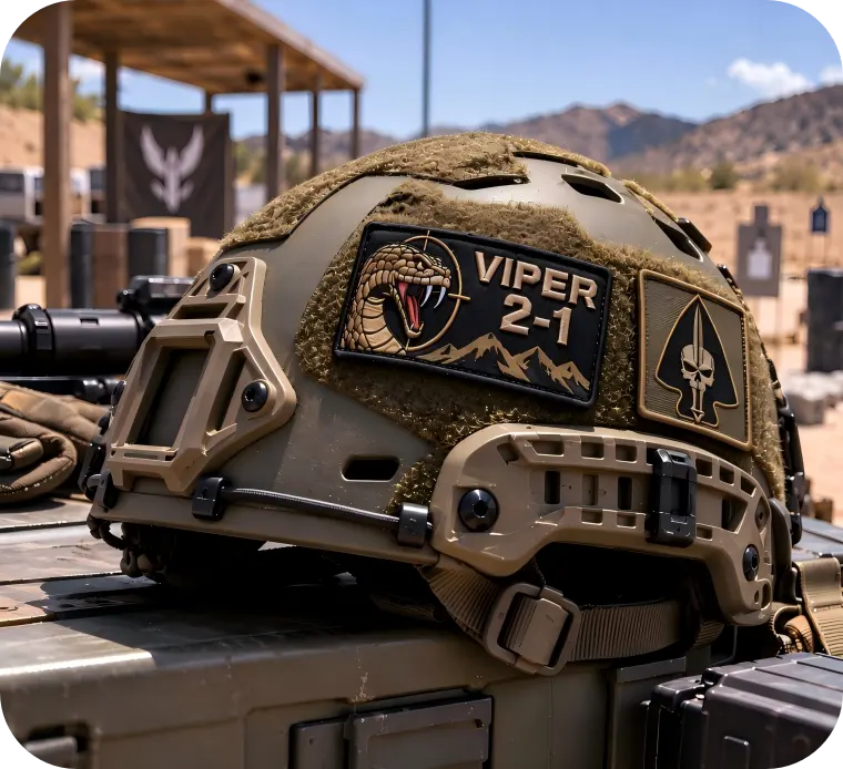VIPER 2-1 and skull velcro patches on tactical helmet