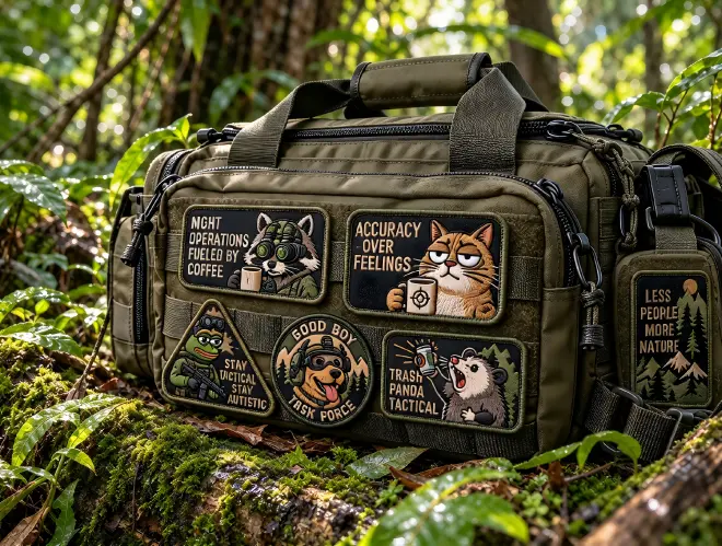 Funny velcro patches on olive drab range bag