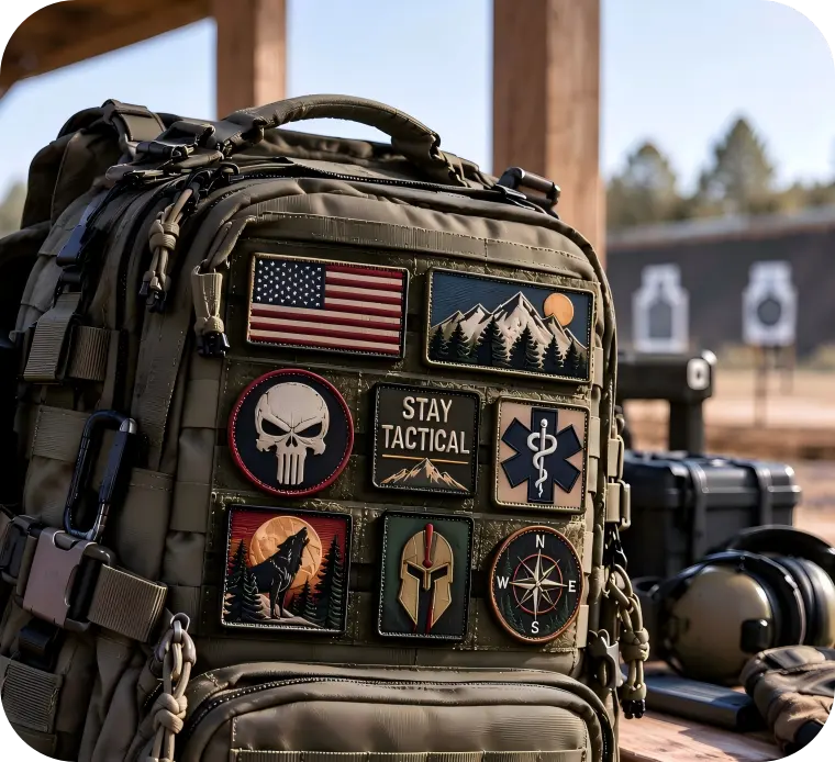 Various tactical velcro morale patches on large outdoor military backpack