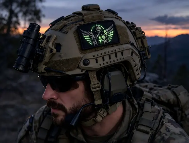 Glow in the dark velcro patch on tactical helmet