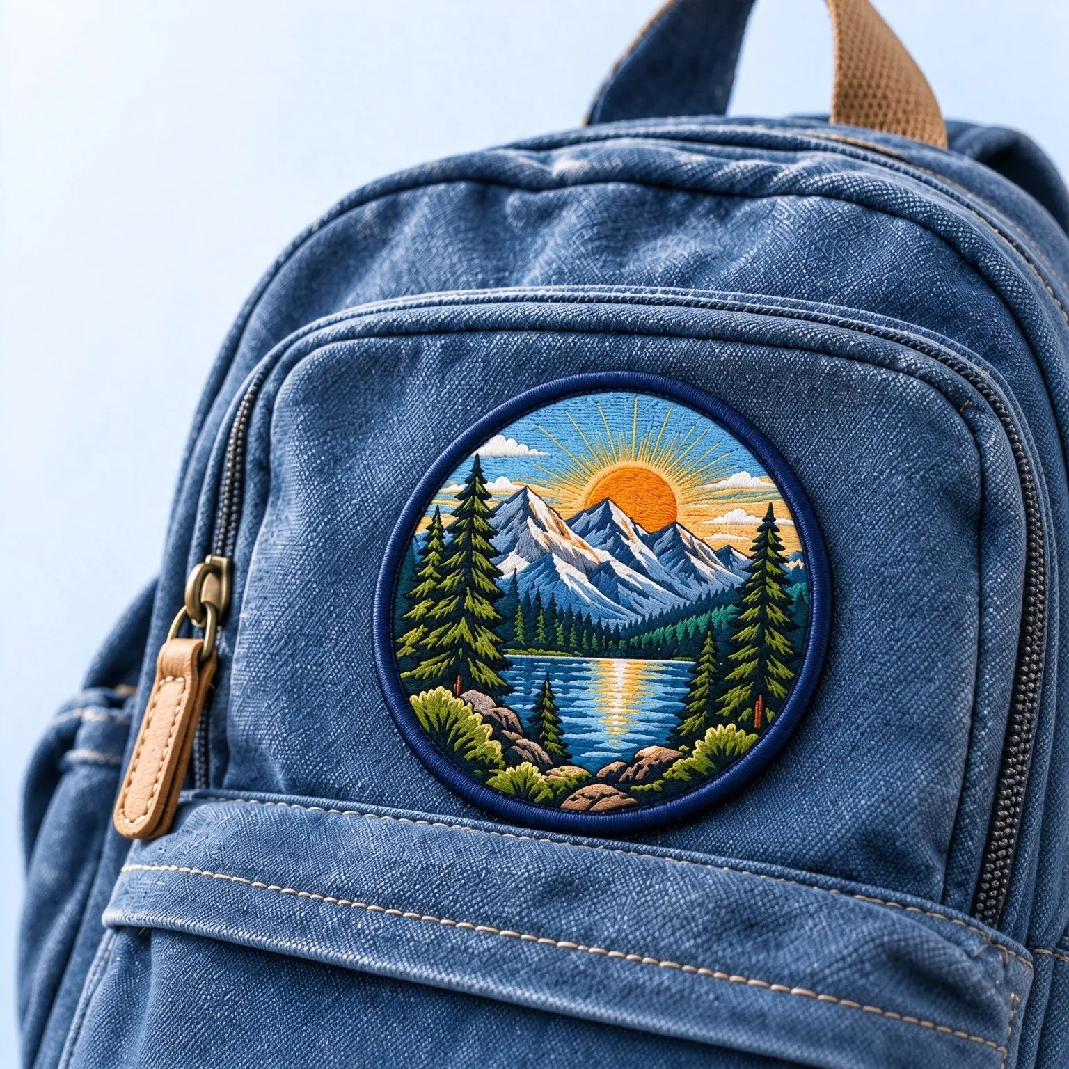 Finished Custom Embroidered Patch on a Blue Backpack Finished Custom Embroidered Patch on a Blue Backpack