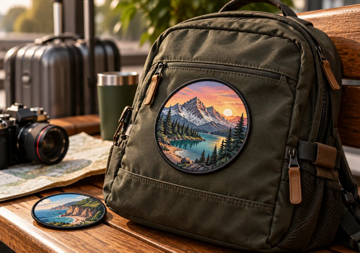 Printed Backpack Patches with Detailed Sunset and Mountain Artwork Printed Backpack Patches with Detailed Sunset and Mountain Artwork