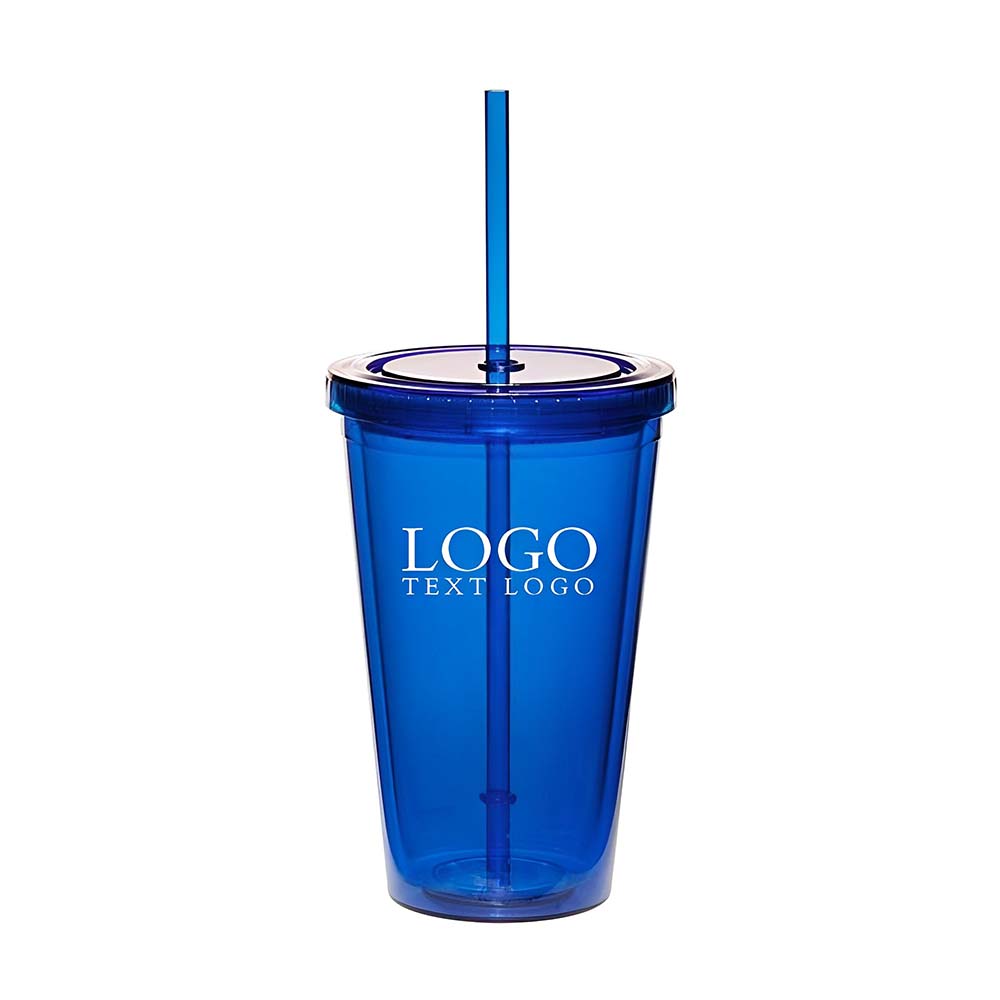 Promotional Double Wall Acrylic Tumbler With Straw Blue With Logo