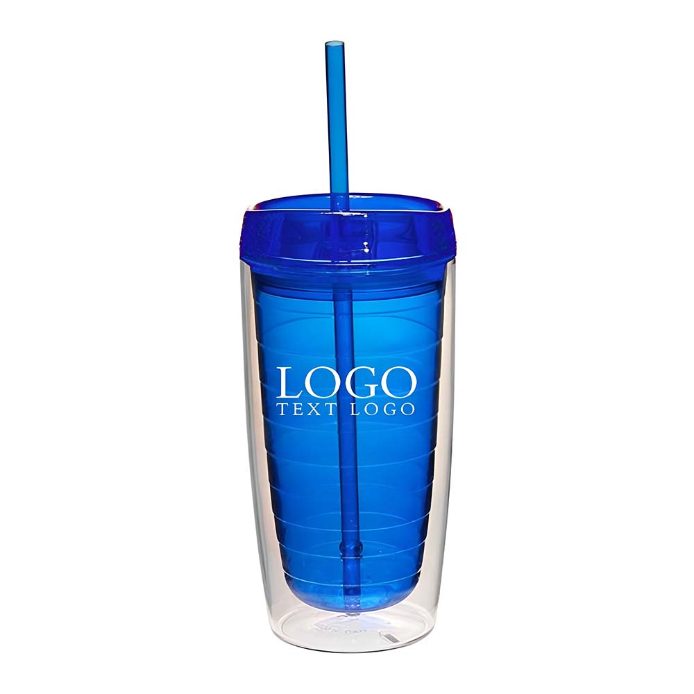 Advertising Double Wall Acrylic Tumbler With Straw Blue With Logo