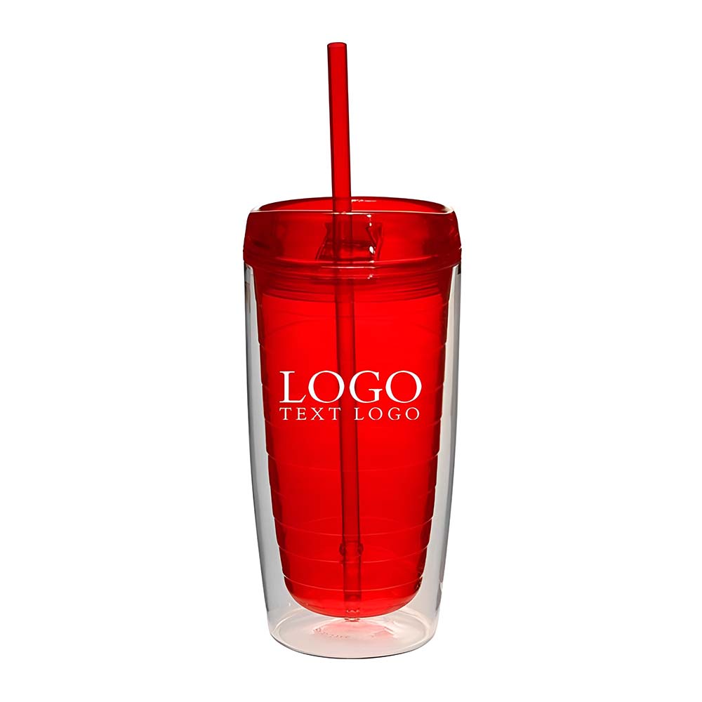 Advertising Double Wall Acrylic Tumbler With Straw Red With Logo