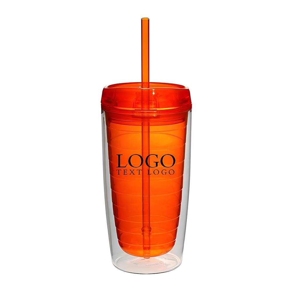 Advertising Double Wall Acrylic Tumbler With Straw Orange With Logo