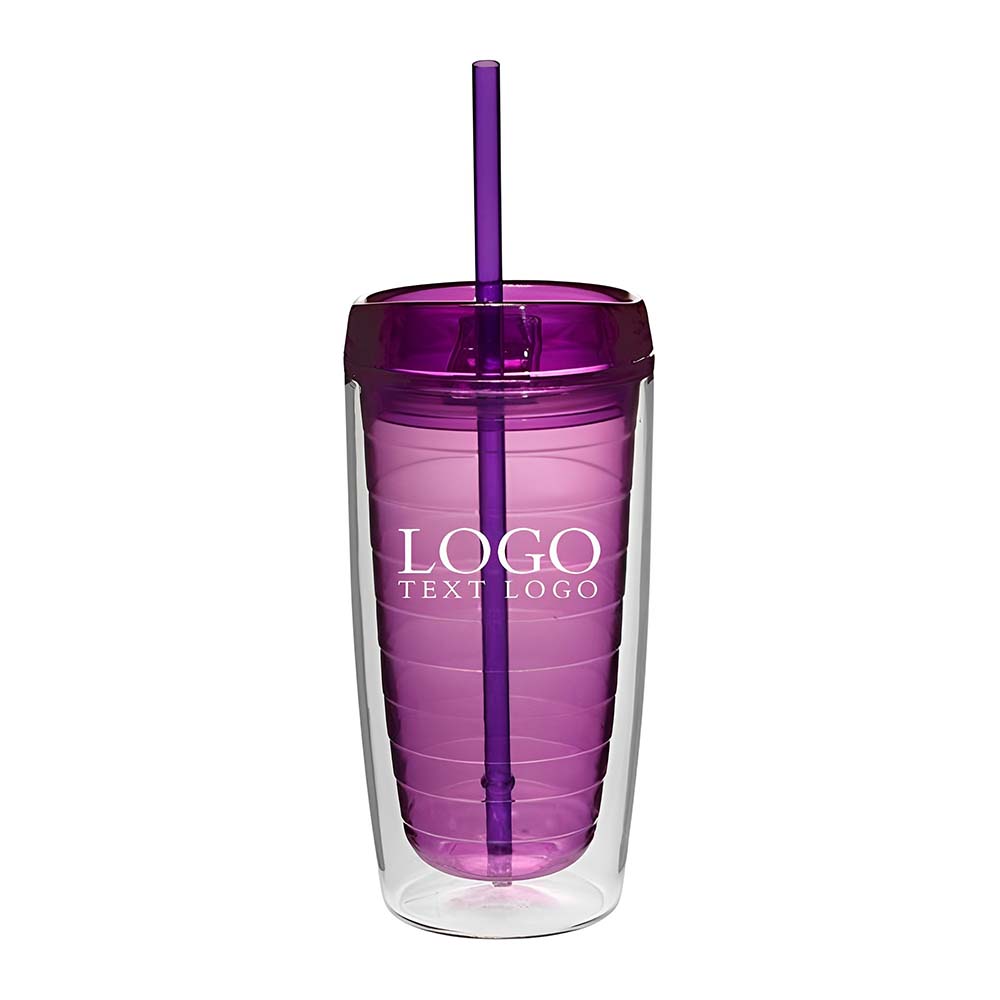 Advertising Double Wall Acrylic Tumbler With Straw Purple With Logo