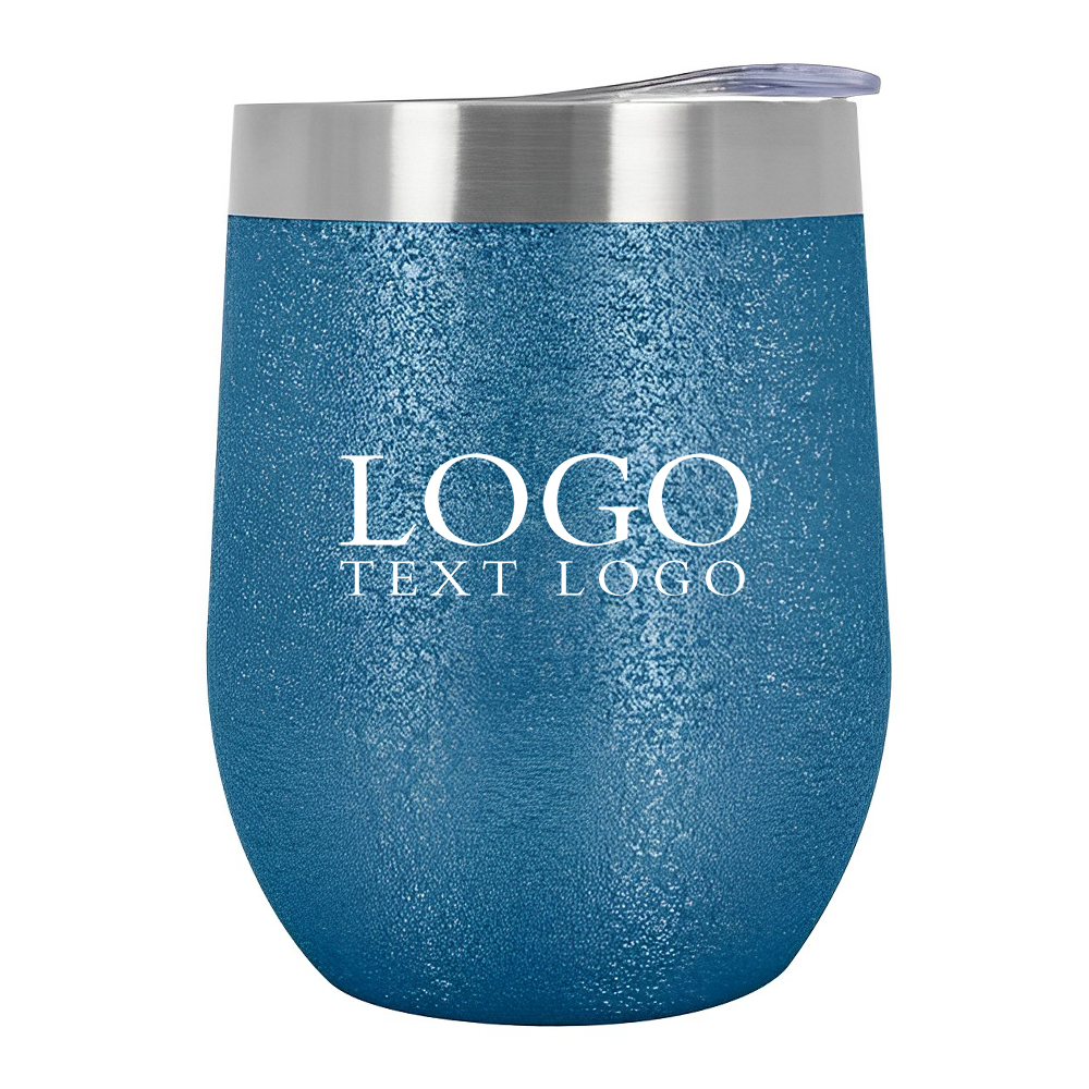 Promotional 12 OZ Iced Out Vinay Stemless Wine Cup Blue With Logo