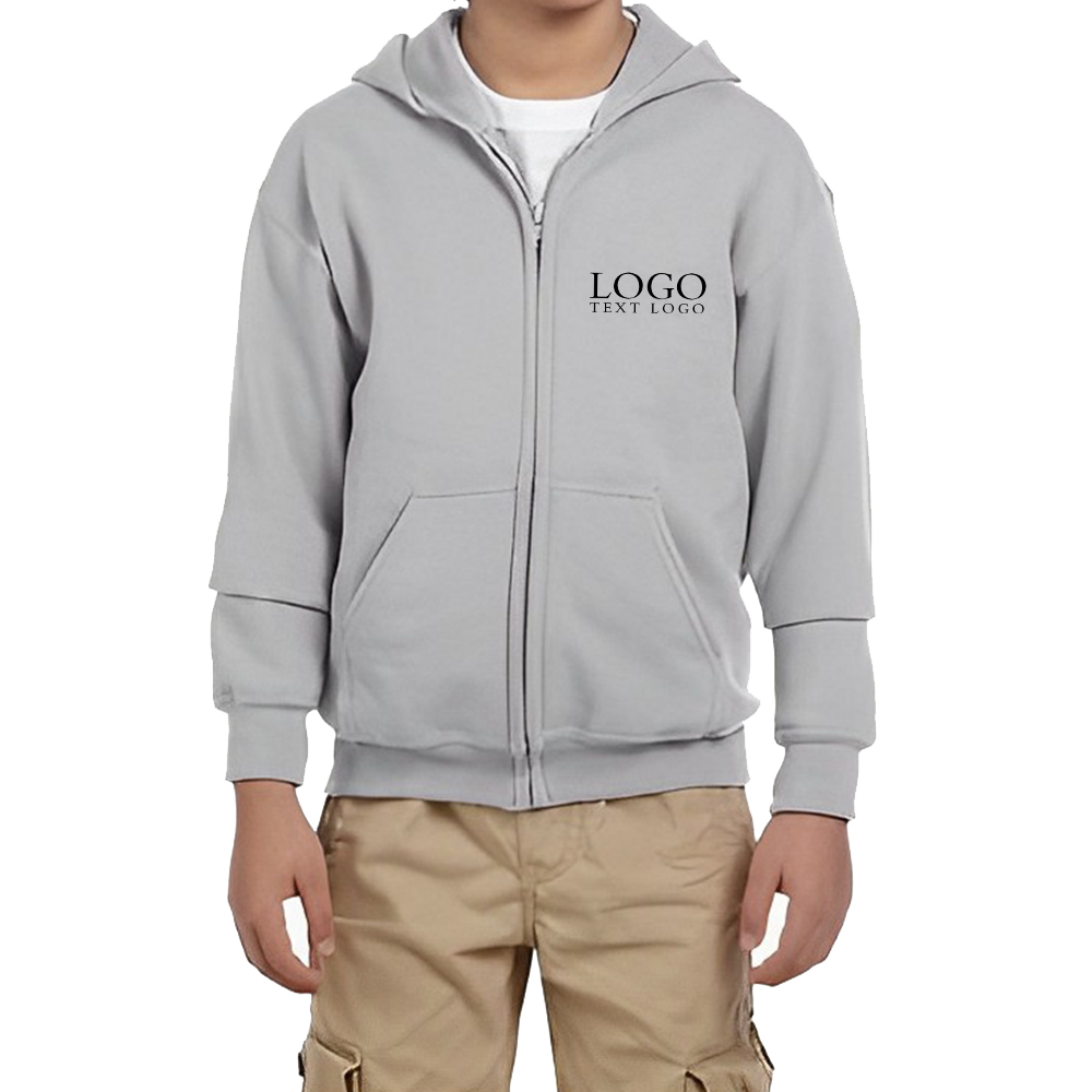 Customized Gildan Heavy Blend Youth Full Zipper Hooded Sweatshirt Ash With Logo
