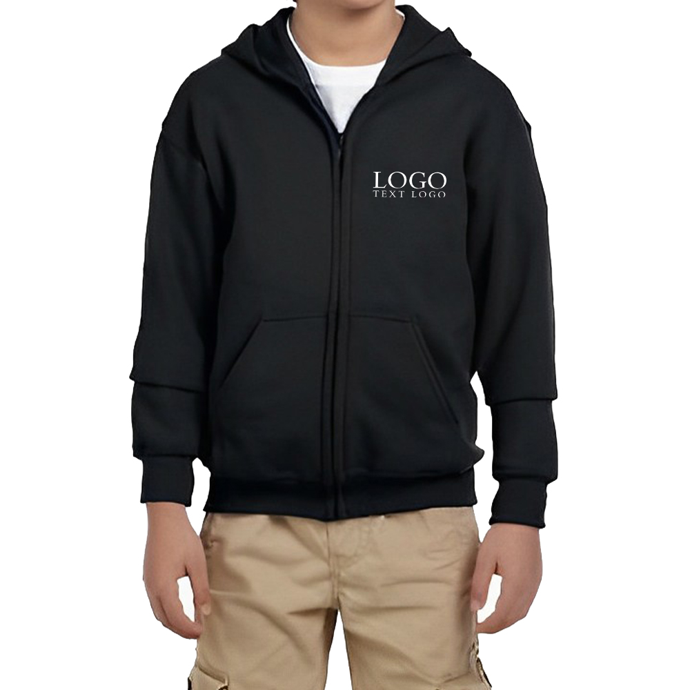 Customized Gildan Heavy Blend Youth Full Zipper Hooded Sweatshirt Black With Logo