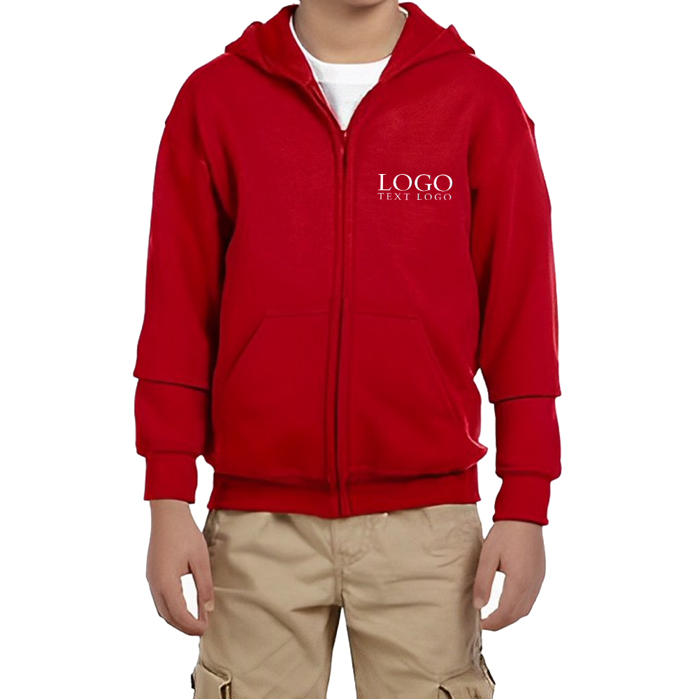 Customized Gildan Heavy Blend Youth Full Zipper Hooded Sweatshirt Red With Logo
