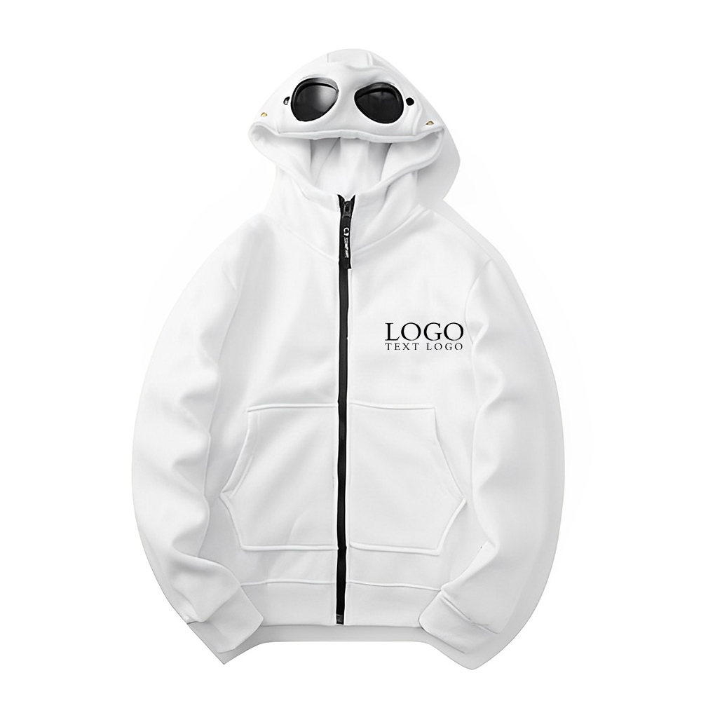 Zip Hooded Sweatshirt With Round Lens White Color With Logo