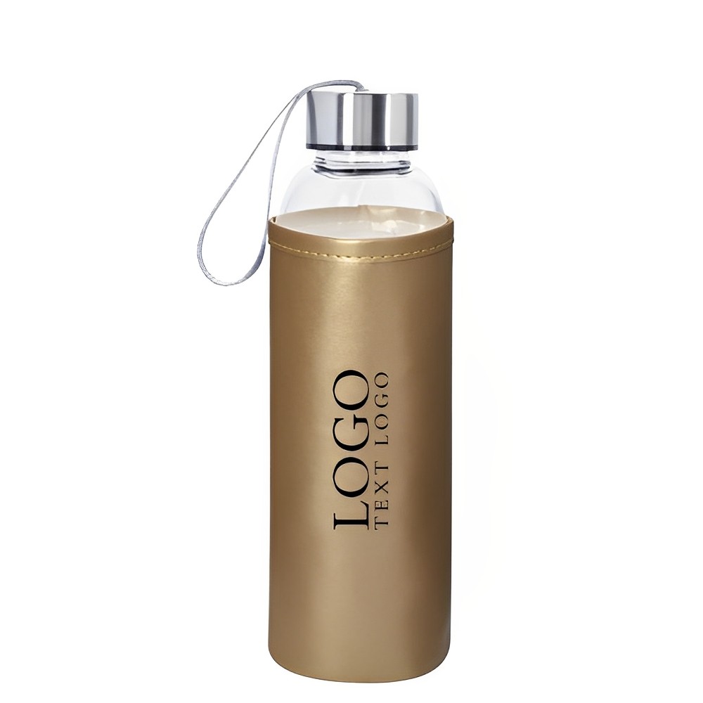 18 oz Aqua Pure Glass Bottle With Metallic Sleeve Gold With Logo